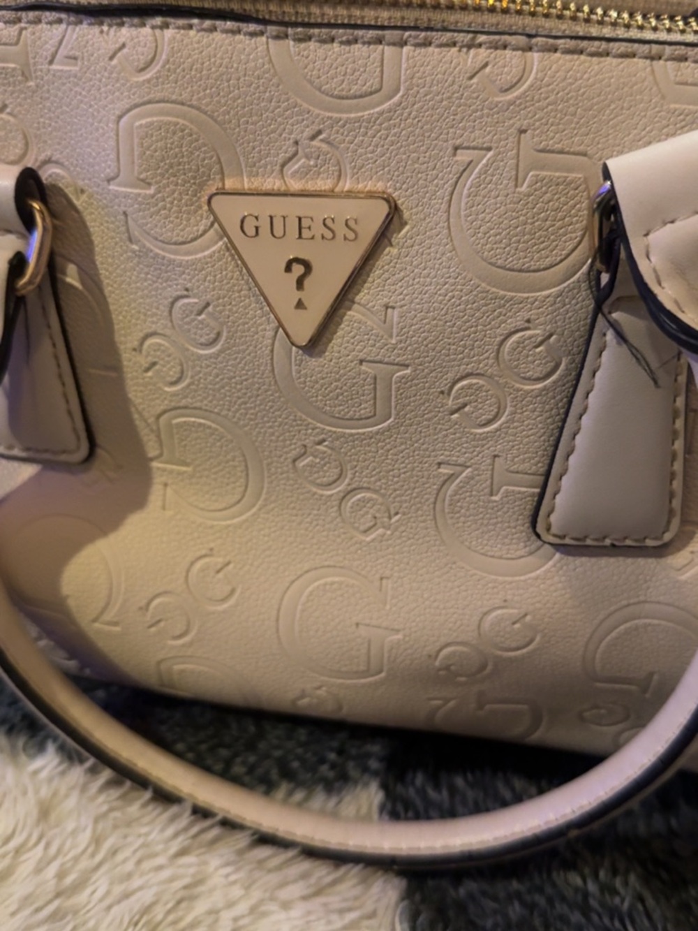 GUESS Cream Embossed Logo Satchel with Triangle Logo Plaque